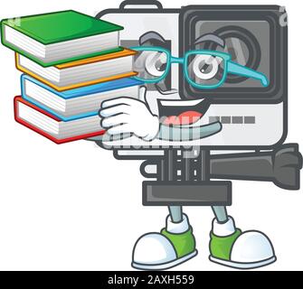 A brainy clever cartoon character of action camera studying with some books Stock Vector