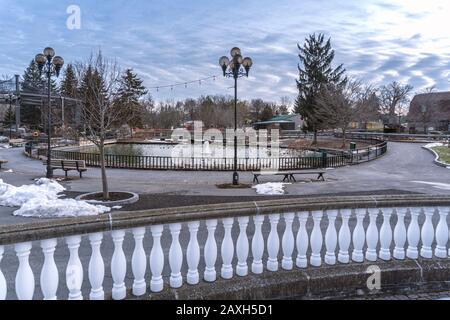 SYRACUSE, NEW YORK - FEB 05, 2020: Landscape View of Rosamond Gifford Zoo or as Locally Known (Syracuse Zoo) Ducks Pool after the Entrance. Stock Photo