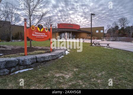 SYRACUSE, NEW YORK - FEB 05, 2020: Landscape View of Rosamond Gifford Zoo or as Locally Known (Syracuse Zoo) Building Entrance. Stock Photo