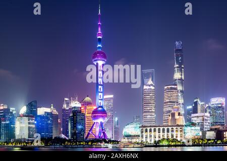 Shanghai, China - 28 September 2019: Beautiful Skyline of Shanghai at Night Stock Photo