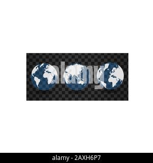 Set of transparent globes of Earth. Realistic world map in globe shape with transparent texture Stock Vector