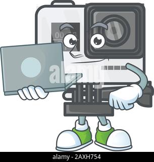 A smart action camera mascot icon working with laptop Stock Vector