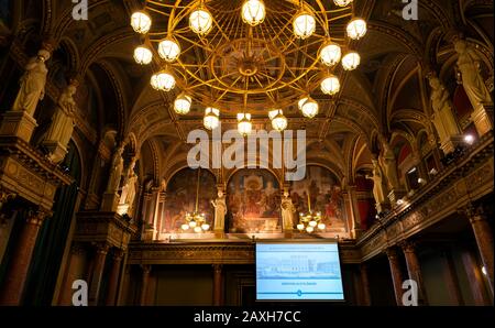 Interior of the Hungarian Academy of Sciences (MTA), its central building was inaugurated in 1865, in Renaissance Revival architecture style. Stock Photo