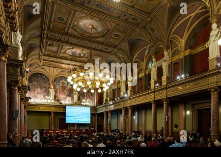 Interior of the Hungarian Academy of Sciences (MTA), its central building was inaugurated in 1865, in Renaissance Revival architecture style. Stock Photo