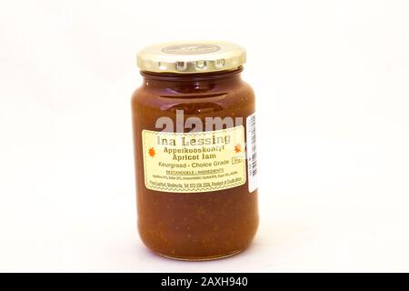 Alberton, South Africa - a jar of Ina Lessing apricot jam isolated on a white background image in horizontal format with copy space Stock Photo