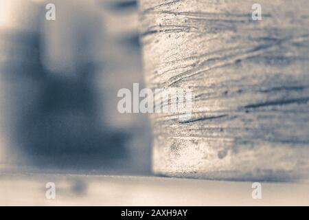 Old vintage photo. Side of pottery from clay with painted lines macro monochrome Stock Photo