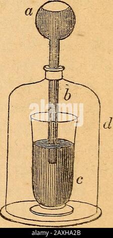 A text-book on chemistryFor the use of schools and colleges . Fig. 4.. HISTORY OF CHEMISTRY. closely together, they cohere, and can only be partedby the exertion of considerable force. The distance through which these forces, attractionand repulsion, act, is very minute; for if, in the aboveexperiment, the bullets be separated by the smallest in-terval, no attraction ensues; they must be forced to- Fig. 5. gether till less than a millionth Stock Photo