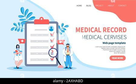 Medical Record. Doctors. Testing patient card. Medical card. Template for website,landing page. Flat vector illustration. Tiny people character medica Stock Vector