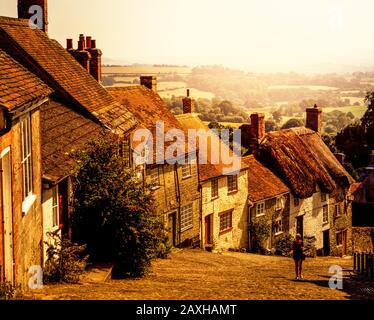 Gold Hill, Shaftesbury, in golden light Stock Photo