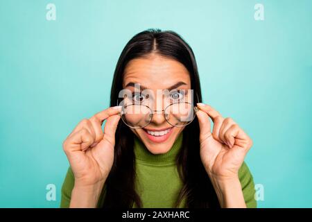 Close-up portrait of her she nice attractive cheerful cheery girl nerd scientist touching specs new information learn isolated on bright vivid shine Stock Photo