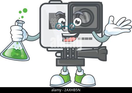 A genius Professor action camera cartoon character with glass tube Stock Vector