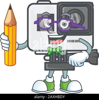 A mascot icon of Student action camera character holding pencil Stock Vector