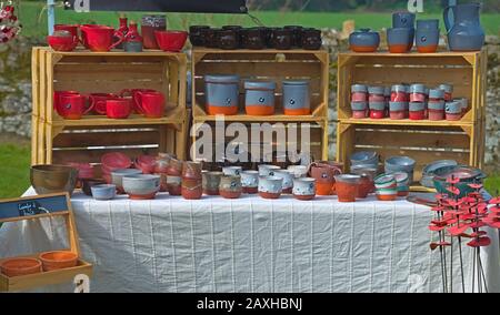 Market stall with various ceramic tea cups Stock Photo