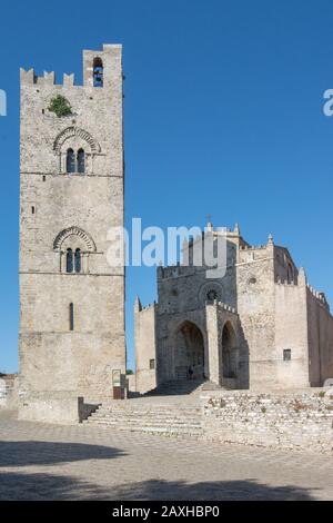 Erice, Sicily, Italy. External view of the Erice cathedral and bell tower, the main place of worship and mother church of Erice. Stock Photo