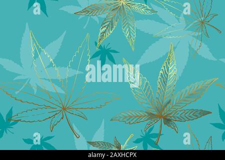 Beautiful seamless pattern of gold cannabis leaves. Pattern of turquoise or green marijuana leaf. Stock Vector