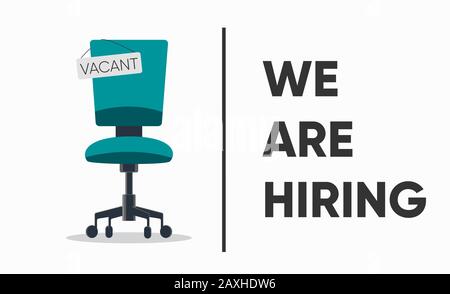We are hiring, banner concept, vacant position. Business hiring and recruiting concept. Empty office chair with vacant sign isolated on white Stock Vector