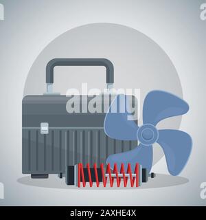 tools box with propeller and car shock absorber over gray background, colorful design Stock Vector