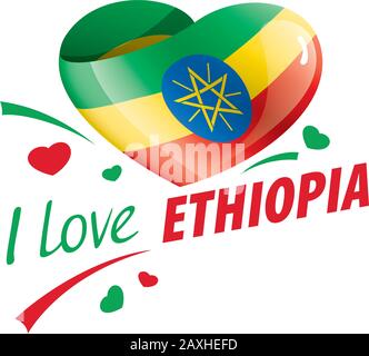 National flag of the Ethiopia in the shape of a heart and the inscription I love Ethiopia. Vector illustration Stock Vector