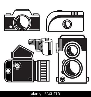 Stylish film photo cameras set. Analog retro photo cameras sketch, flat doodle style. Simple hand drawn vector illustration. Medium format and 35 mm f Stock Vector