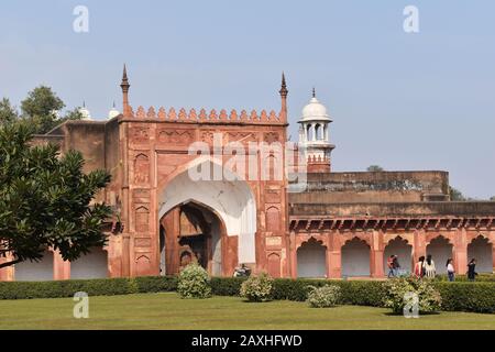Agra, Uttar Pradesh, India, January 2020, Moti Masjid Mosque gate in Agra fort, Mughal architecture