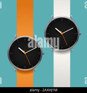 couple modern classic watches on blue background Stock Vector