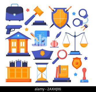 Law and order - flat design style elements isolated on white background. A set of colorful objects, icons. Gavel, libra scales, court, handcuffs, scro Stock Vector