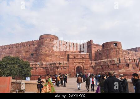 Agra, Uttar Pradesh, India, January 2020, Agra Fort, 16th-century fortress of red sandstone located on the Yamuna River