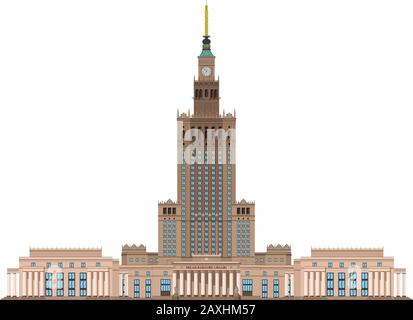 Palace of Culture and Science (Warsaw, Poland). Isolated on white background vector illustration. Stock Vector