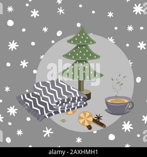 Cozy hygge Christmas things on seamless doodle hand drawn snowflakes background. Vector illustration Stock Vector