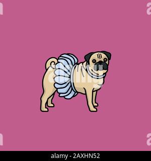 Pug with blue ballet tutu dress vector illustration for Dress in blue day on March 6th. Dressed up pet color symbol. Stock Vector