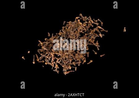 Dried cloves flying in the air close up. Zero gravity concept. Stock Photo