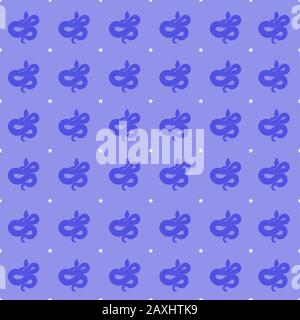 Repeating snake and star pattern. Seamlessly tiles for wallpapers, fabric printing, and embroidery. Purple snakes/white stars on a purple background. Stock Vector