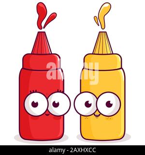 Cartoon bottles of tomato ketchup and mustard. Stock Photo