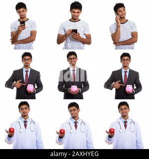 Collage of happy young handsome Indian man in different occupations Stock Photo
