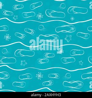 Flip flop shoe seamless vector pattern. Hand drawn outline style with waves, jellyfish, starfish and transparent bubble background in white and blue Stock Vector