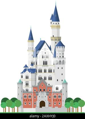 Neuschwanstein Castle (Bavaria, Germany). Isolated on white background vector illustration. Stock Vector