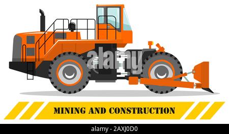 Wheel dozer. Bulldozer. Detailed illustration of heavy mining machine and construction equipment. Vector illustration. Stock Vector