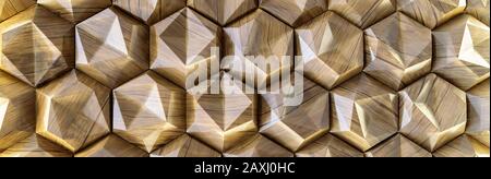 3D decorative wall with imitation wood texture for the interior of an unusual hexagonal geometric shape similar to honeycombs. Brown light background Stock Photo