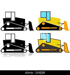Icon set showing an illustration of a bulldozer represented in different styles Stock Vector