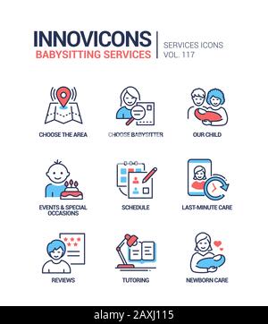 Babysitting services - vector line design style icons set. Choose the area and specialist, events and special occasions, schedule, last-minute, newbor Stock Vector