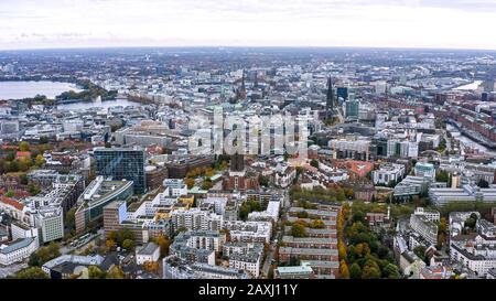 Hamburg cityscape aerial view in Germany. It is a huge city with several district. Above view feat. Hamburg city downtown buildings and landmarks