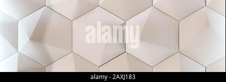 3D decorative wall for the interior of an unusual hexagonal geometric shape similar to honeycombs. White light background with a pattern imitating a t Stock Photo