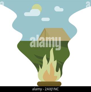Camping in forest with tent and campfire. Eps10 vector illustration. Isolated on white background Stock Vector