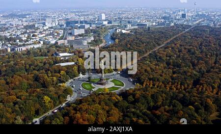 The Victory Column is a monument in Berlin, Germany. Aerial view of famous landmark is a major tourist attraction in the city. Located in Berlin