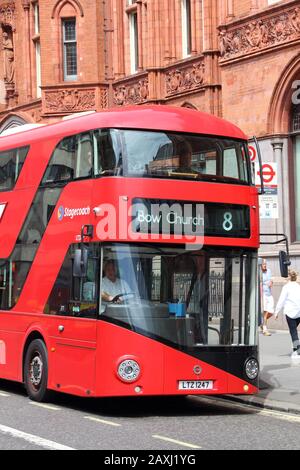 LONDON, UK - JULY 6, 2016: New Routemaster bus in Holborn, London. The hybrid diesel-electric bus is a new, modern version of iconic double decker. Stock Photo