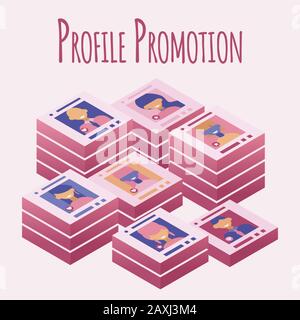 Different happy people profiles vector illustration. Dating application, love at a distance or people communicating. Isometric concept. Stock Vector