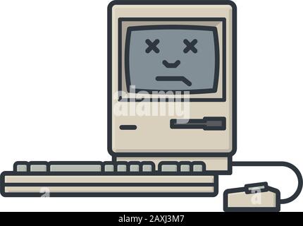 Vintage personal computer not working, dead face on screen, isolated vector illustration. System crash symbol. Stock Vector