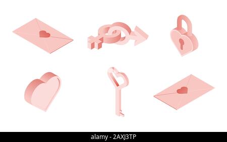 Isometric illustration of love symbols isolated on white background. Vector concept of love letter, lock, heart, key, female and male signs for dating application or date website design. Stock Vector