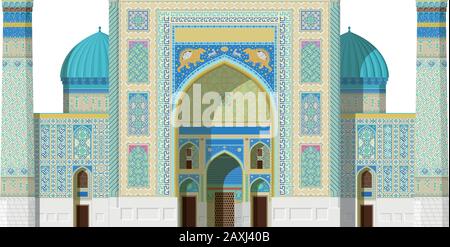 Sher Dor Madrasah, Registan (Samarkand, Uzbekistan). Isolated on white background vector illustration. Stock Vector