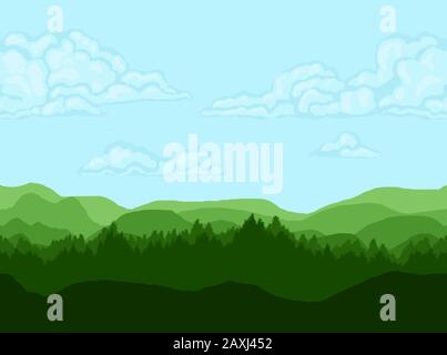 Color gradient green wallpaper vector. Tiles when repeated horizontally, lines up when placed next to itself to make an endlessly long landscape. Stock Vector